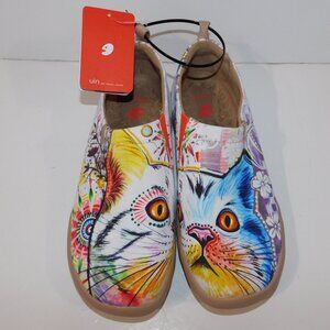 NWT UIN Cheer Up Abstract Cats Colourful Canvas Slip-on Toledo Woman's 7.5 Shoes